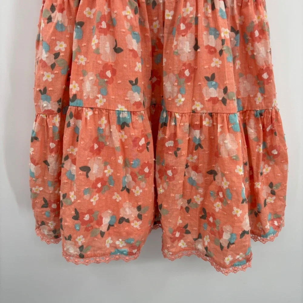 btween Girls Peach Floral Swiss Dot Ruffle Button Front‎ Tiered Dress Size 5